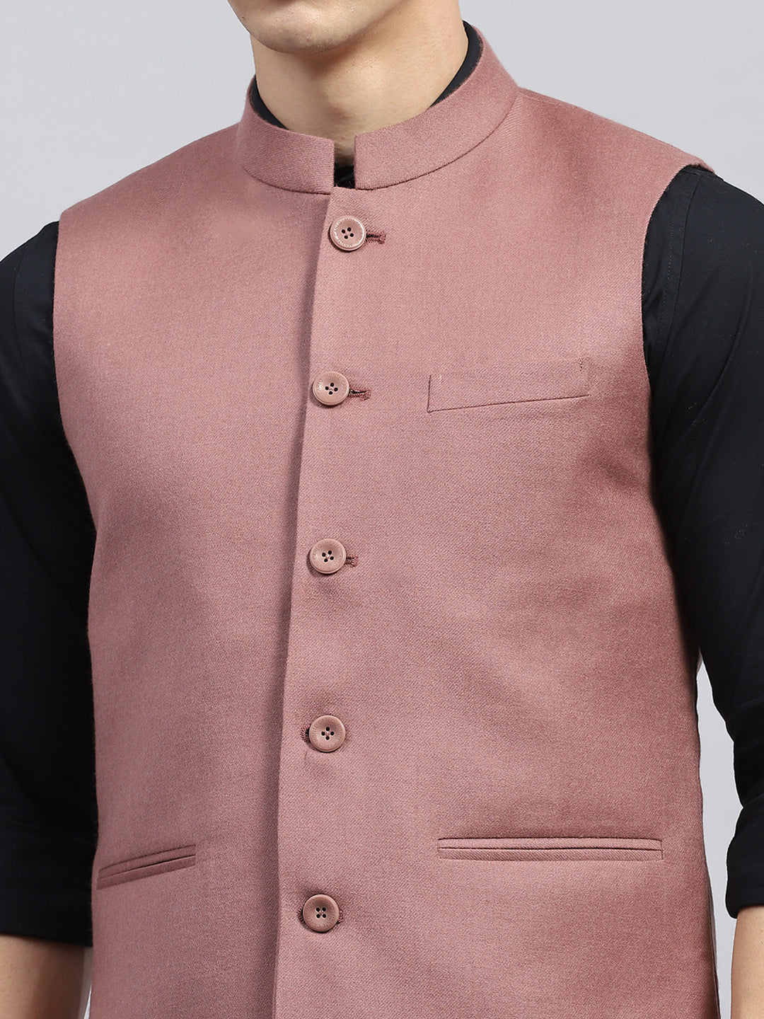 Men Peach Solid Band Collar Sleeveless Jacket