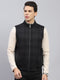 Men Navy Blue Check Mock Neck Sleeveless Jacket