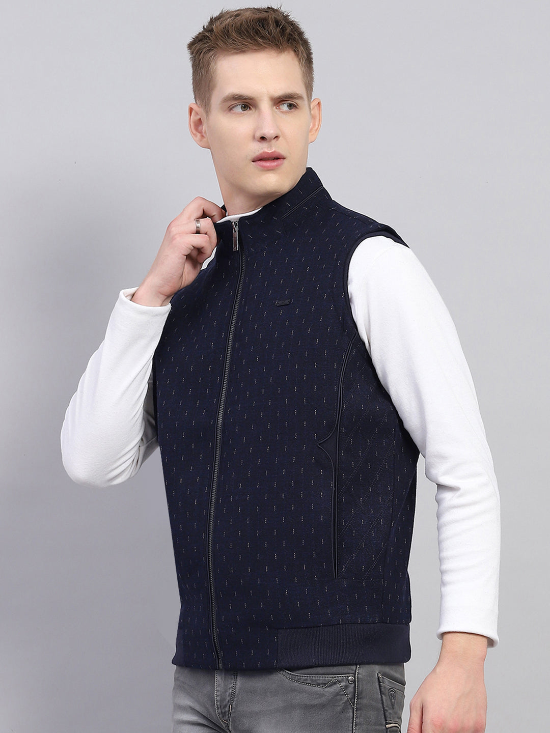 Men Navy Blue Printed Mock Neck Sleeveless Jacket