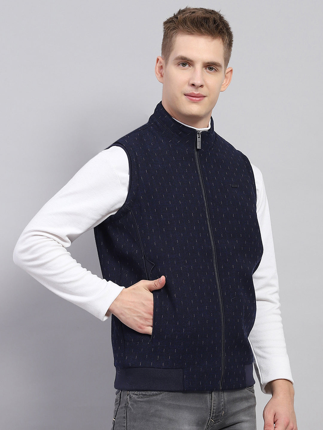 Men Navy Blue Printed Mock Neck Sleeveless Jacket