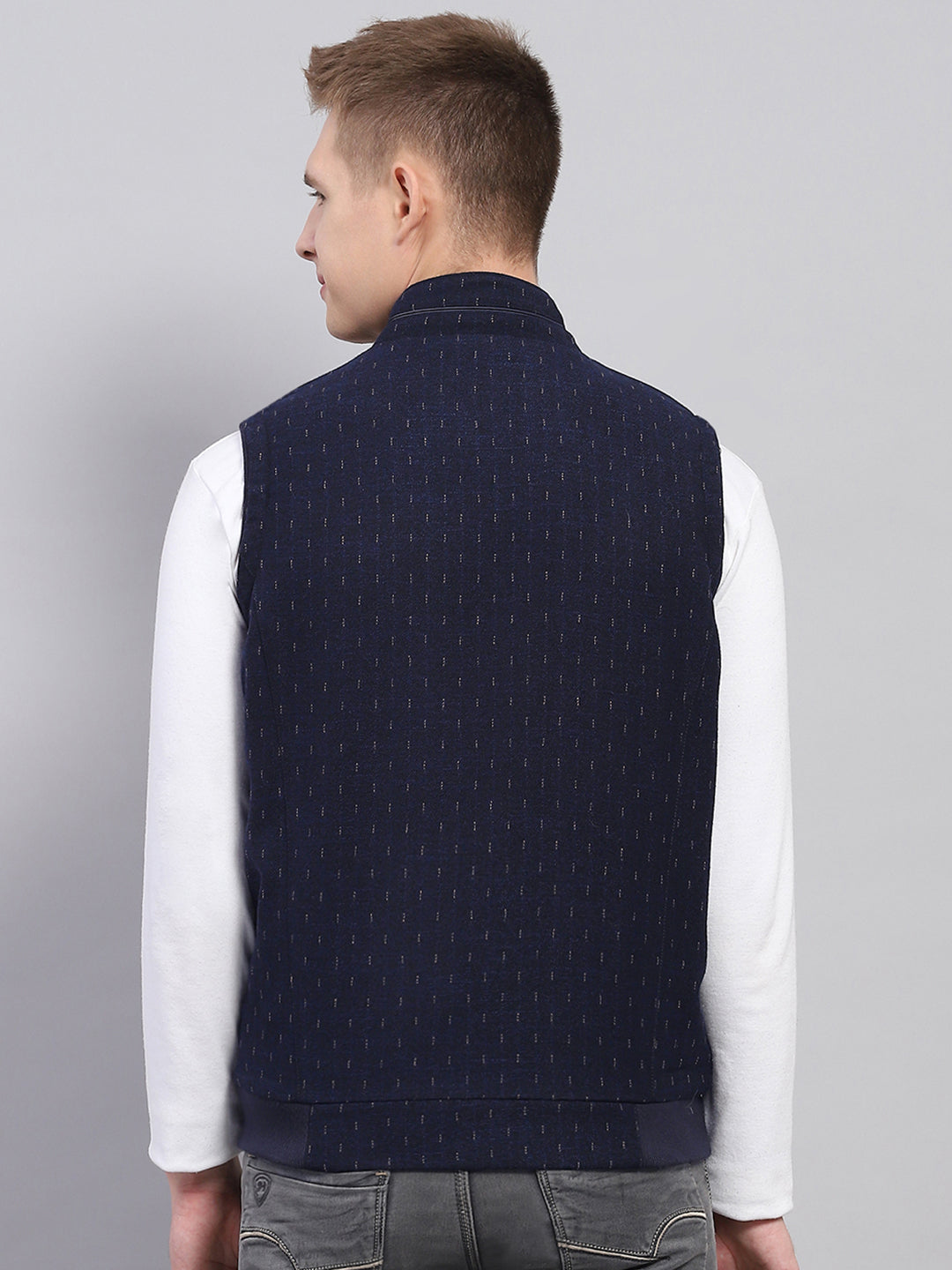 Men Navy Blue Printed Mock Neck Sleeveless Jacket