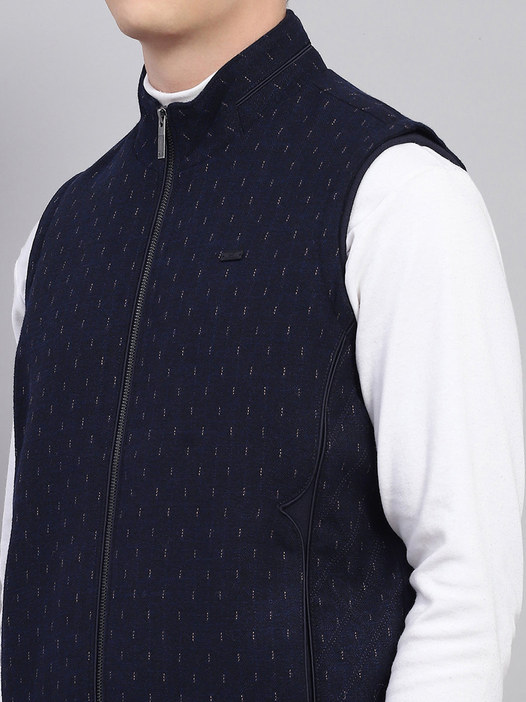 Men Navy Blue Printed Mock Neck Sleeveless Jacket