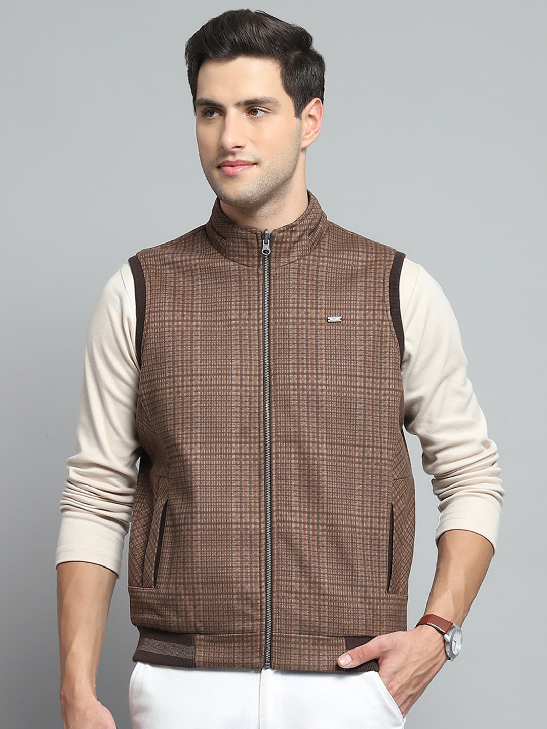 Men Brown Solid Band Collar Sleeveless Reversible Jacket