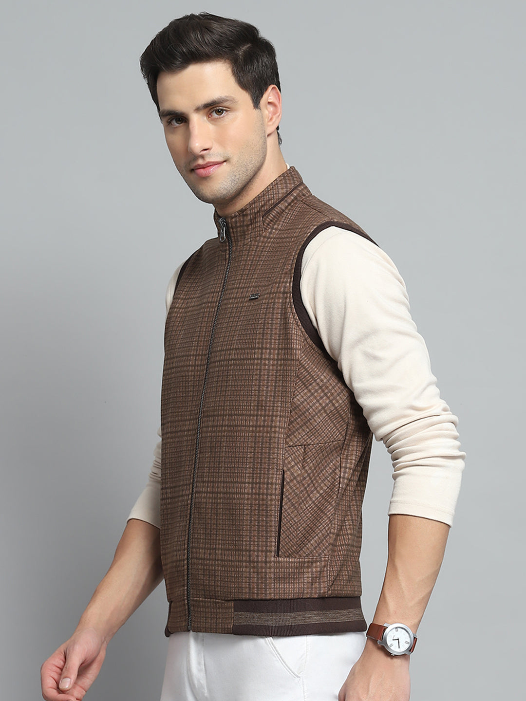 Men Brown Solid Band Collar Sleeveless Reversible Jacket