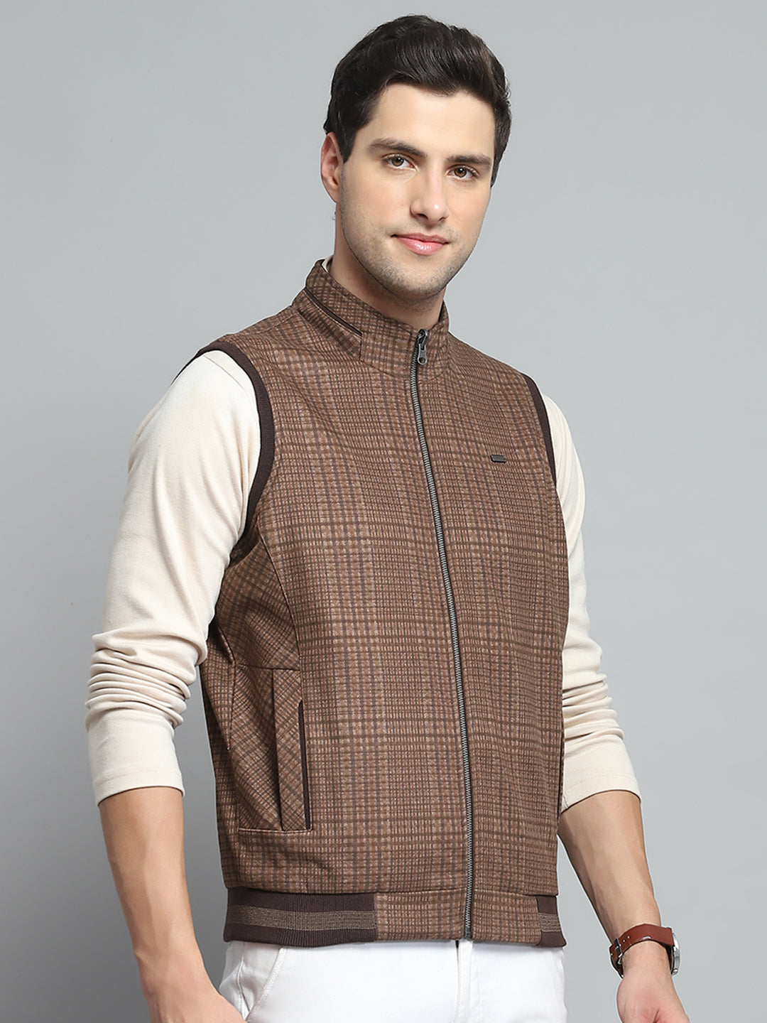 Men Brown Solid Band Collar Sleeveless Reversible Jacket