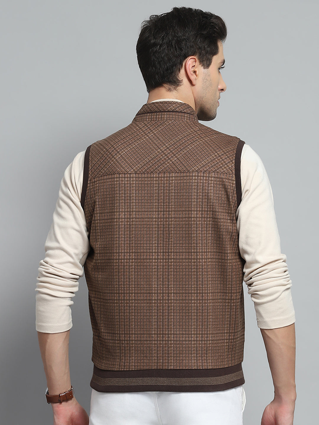 Men Brown Solid Band Collar Sleeveless Reversible Jacket