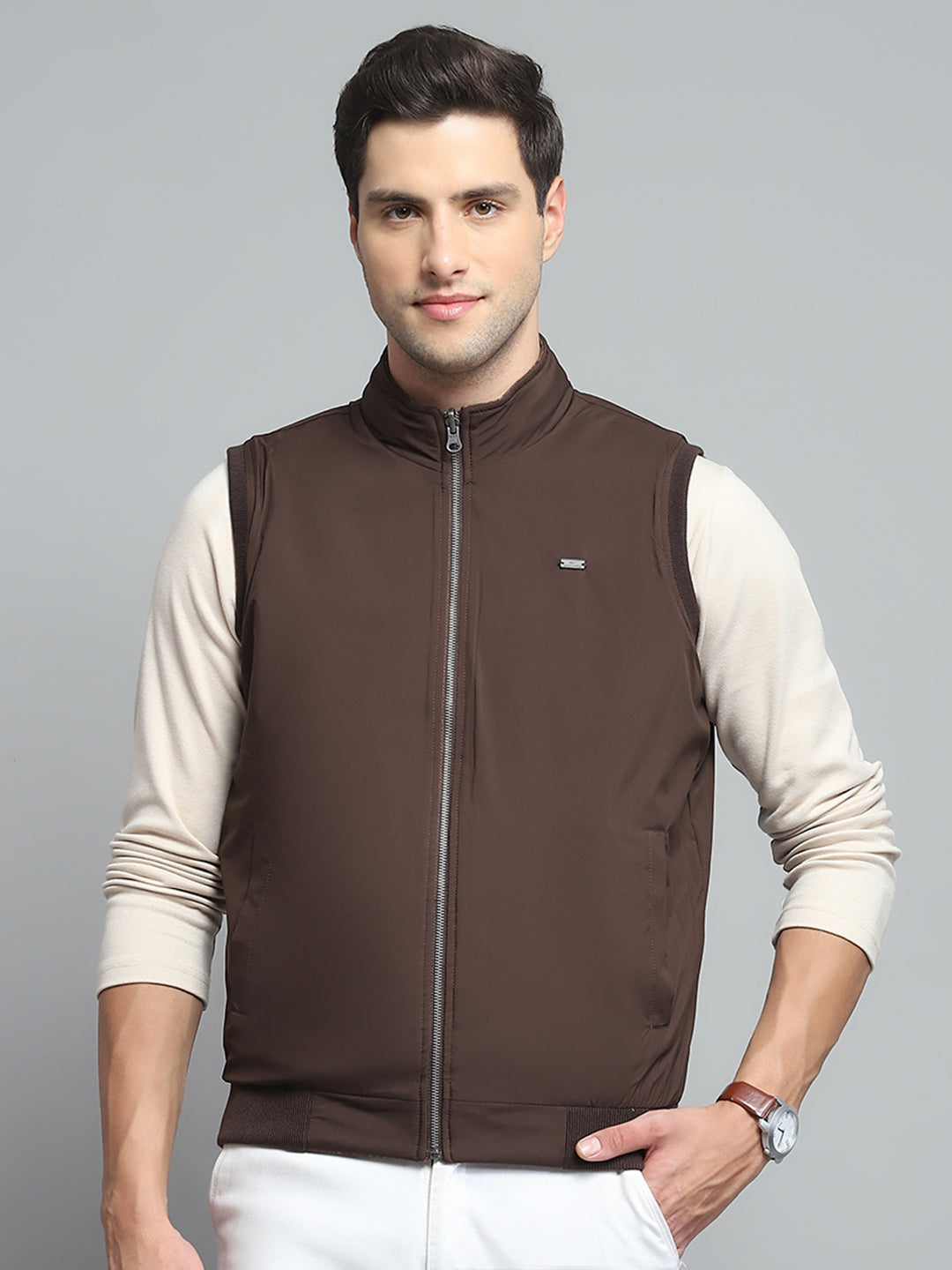 Men Brown Solid Band Collar Sleeveless Reversible Jacket