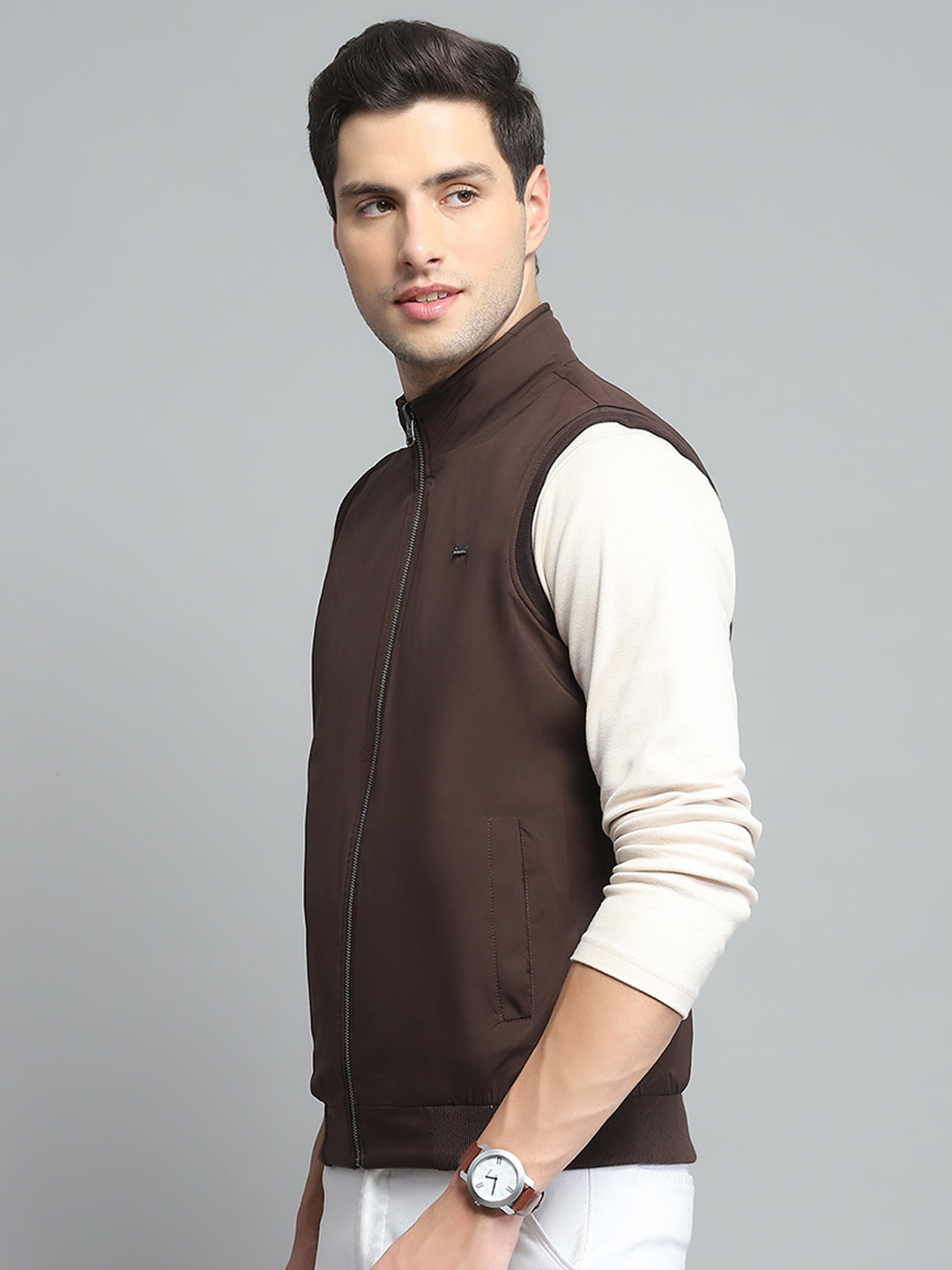 Men Brown Solid Band Collar Sleeveless Reversible Jacket