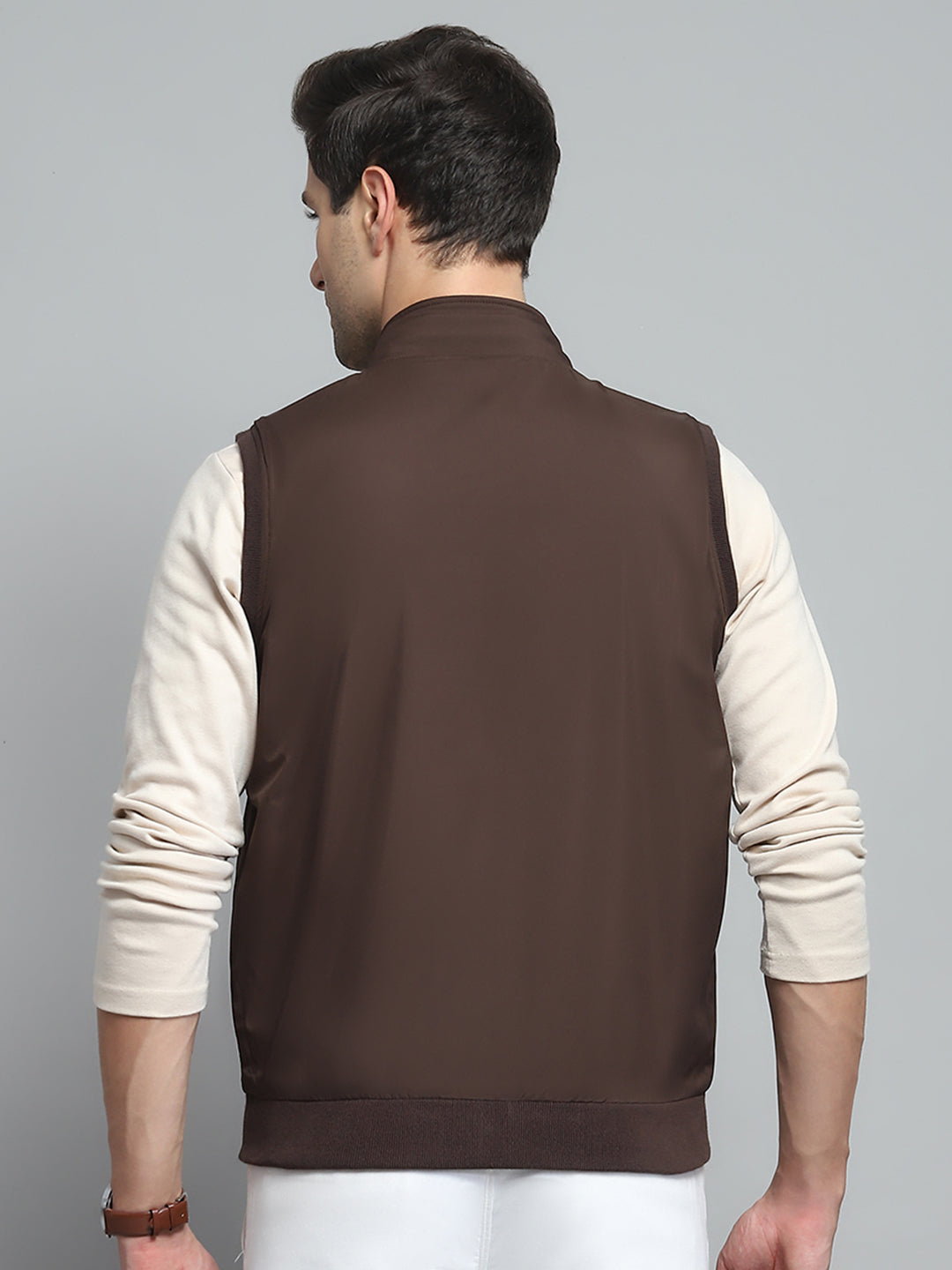 Men Brown Solid Band Collar Sleeveless Reversible Jacket