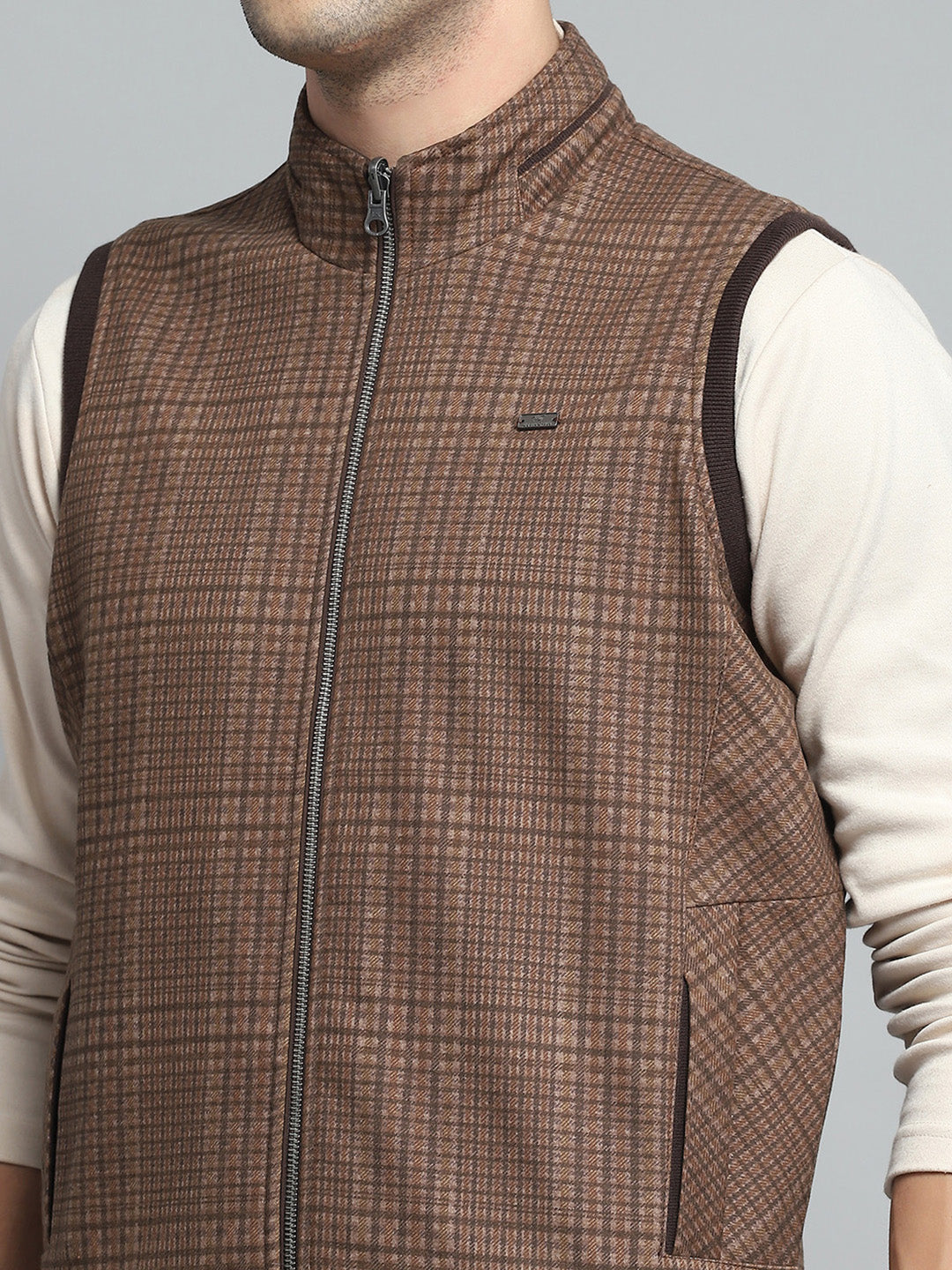 Men Brown Solid Band Collar Sleeveless Reversible Jacket