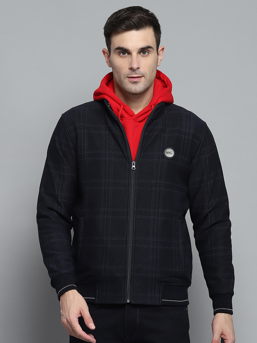 Men Navy Blue Check Mock Neck Full Sleeve Jacket