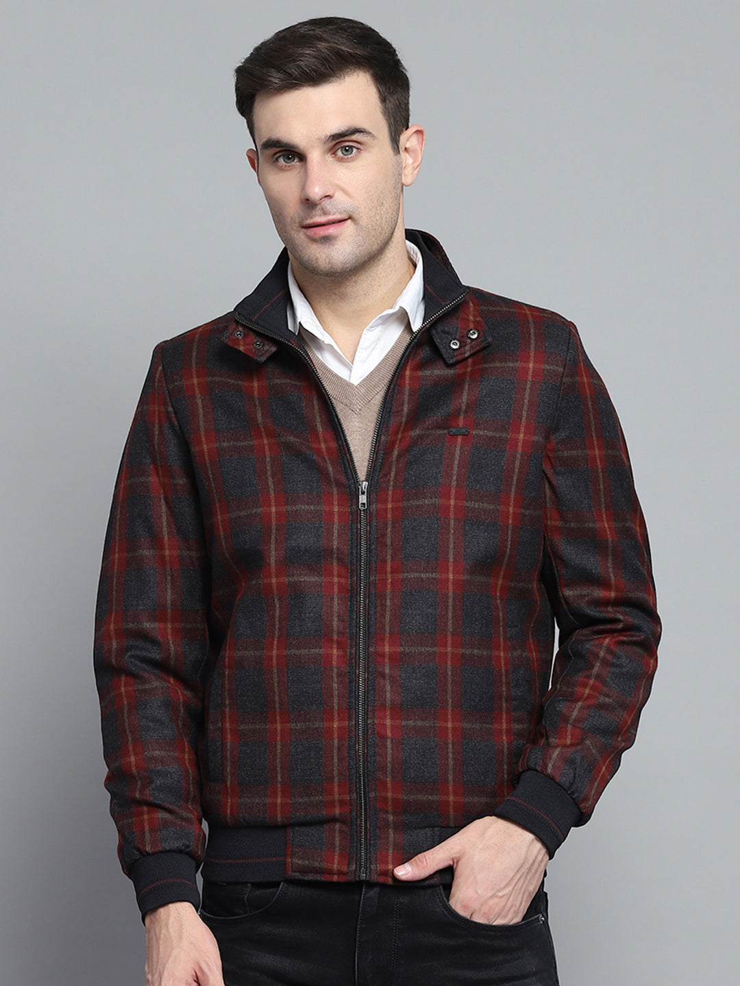 Men Maroon Check Mock Neck Full Sleeve Jacket