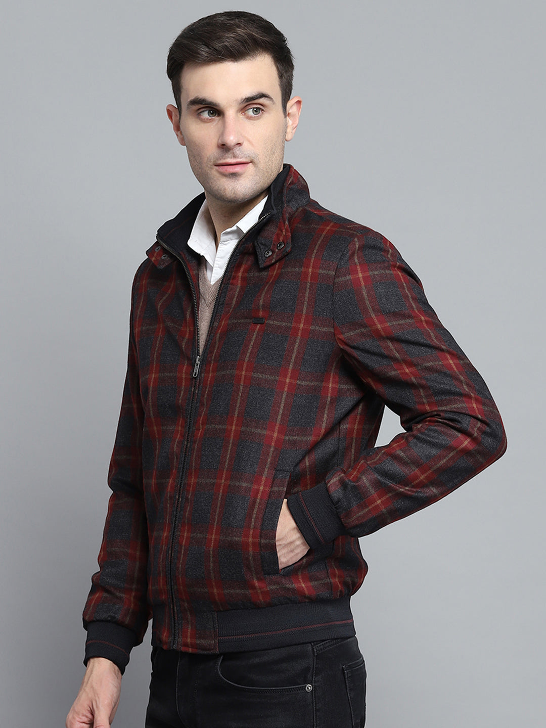 Men Maroon Check Mock Neck Full Sleeve Jacket