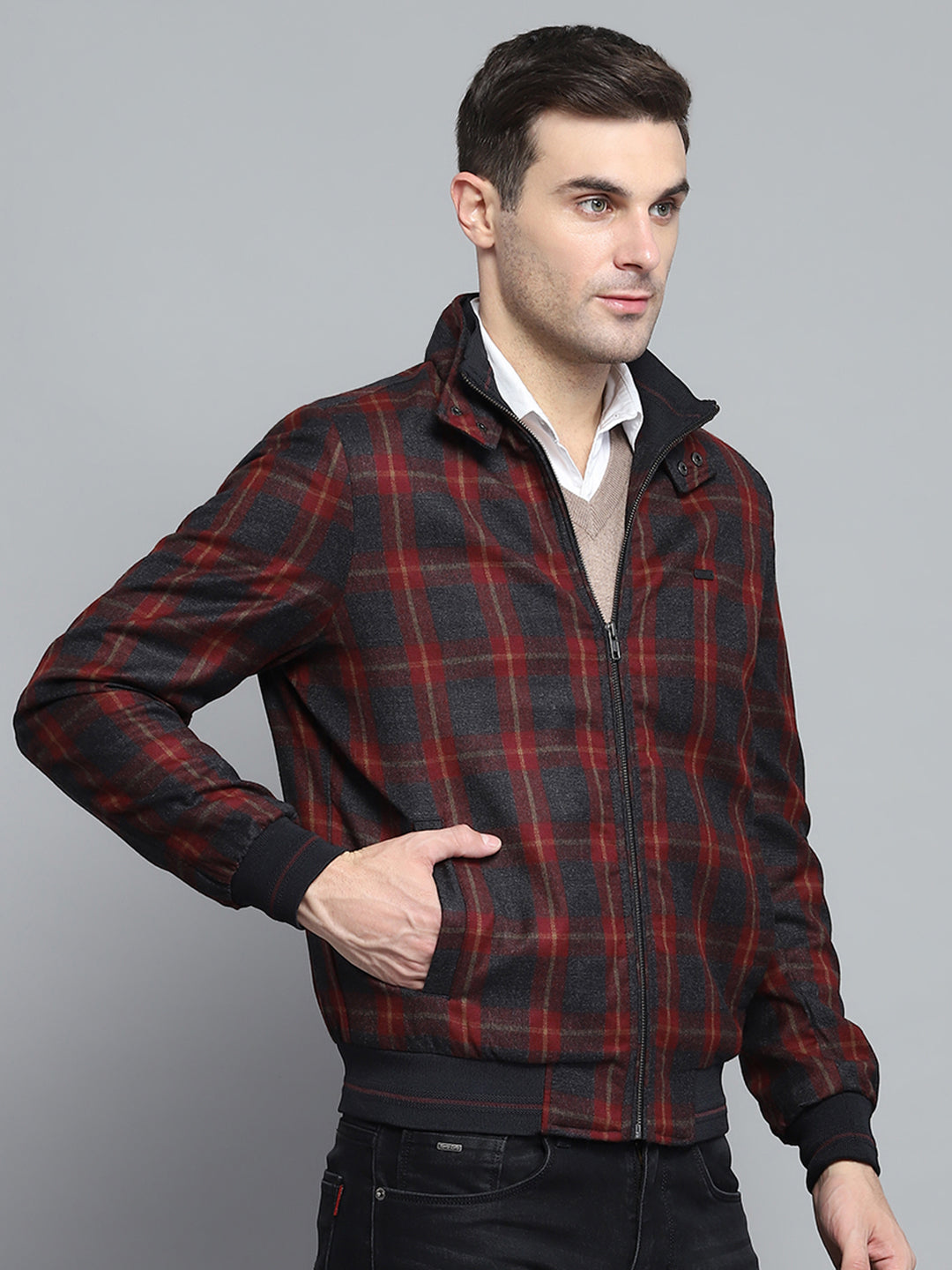 Men Maroon Check Mock Neck Full Sleeve Jacket