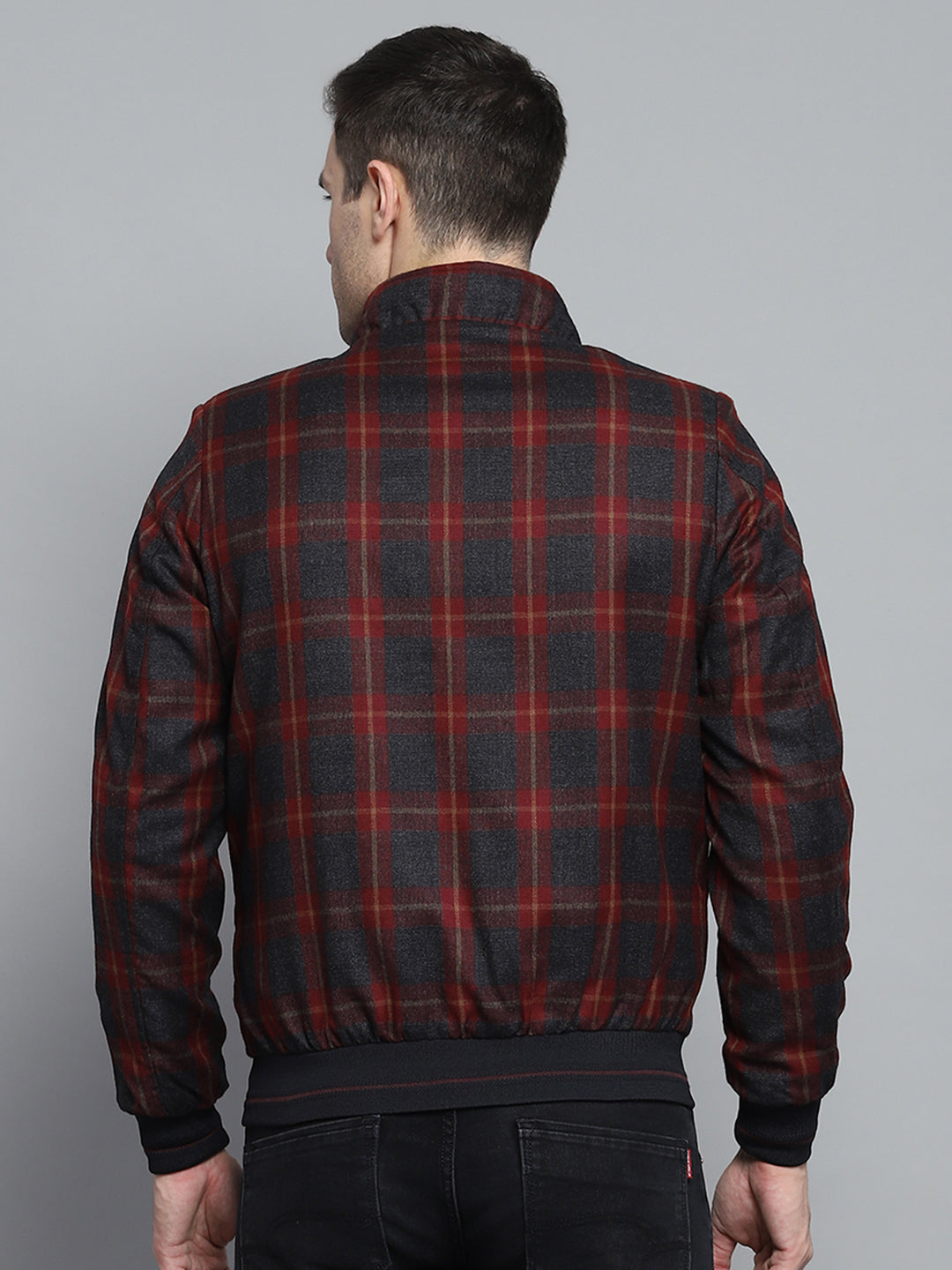 Men Maroon Check Mock Neck Full Sleeve Jacket