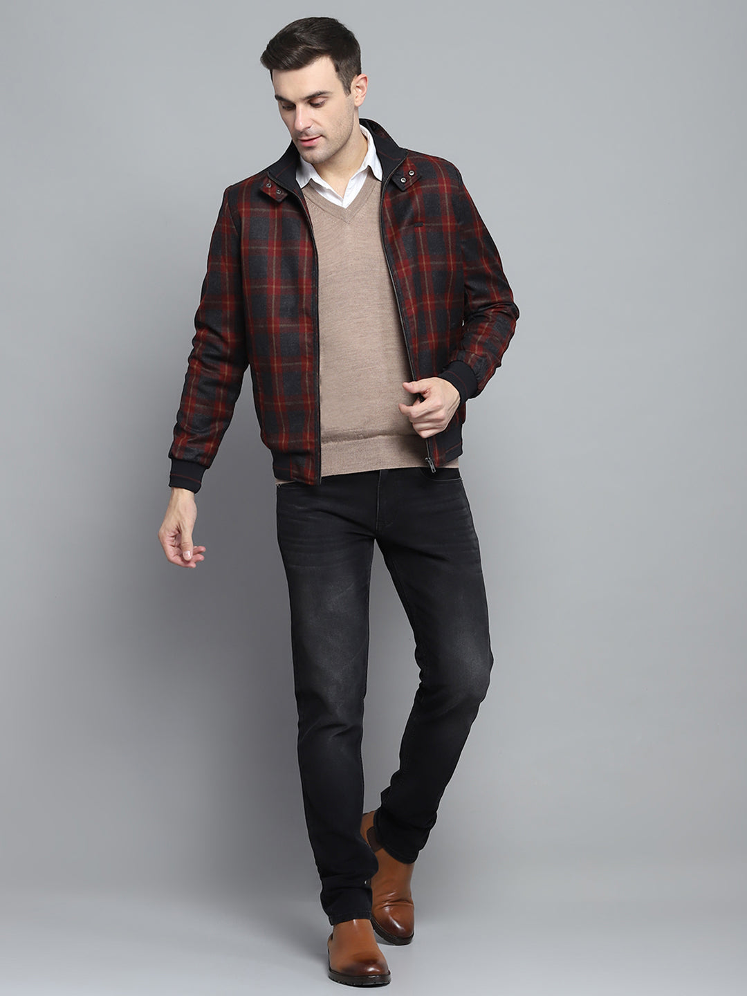 Men Maroon Check Mock Neck Full Sleeve Jacket