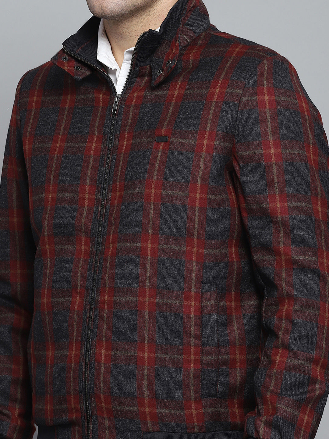 Men Maroon Check Mock Neck Full Sleeve Jacket