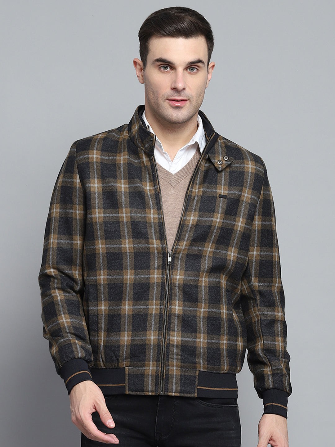 Men Black Check Mock Neck Full Sleeve Jacket