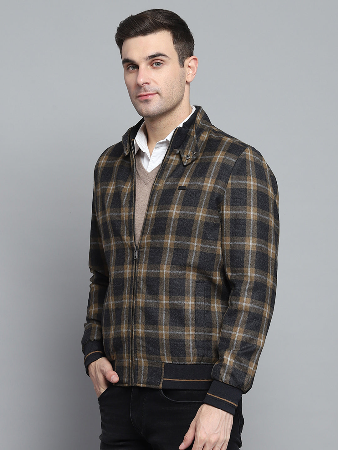 Men Black Check Mock Neck Full Sleeve Jacket