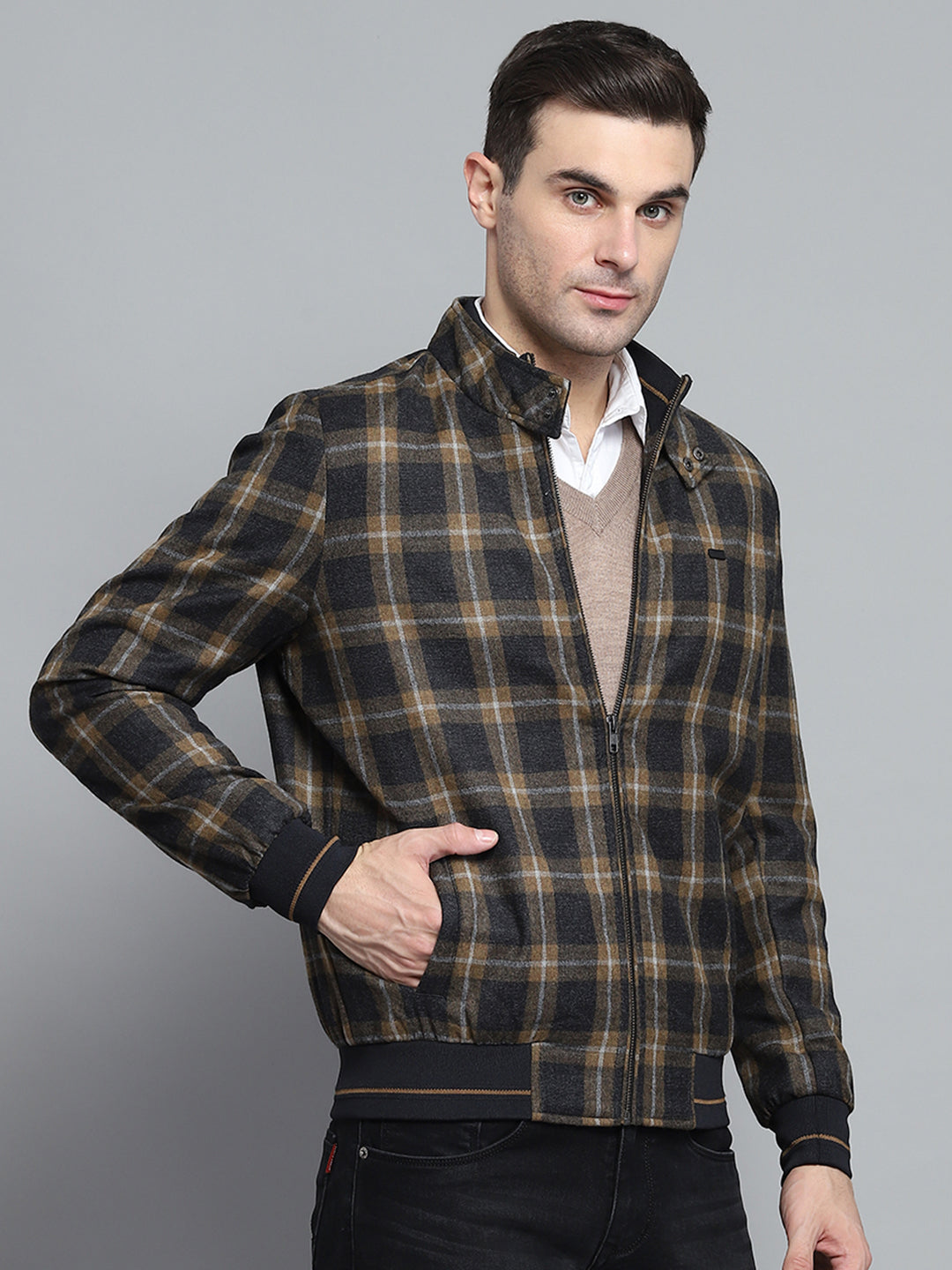 Men Black Check Mock Neck Full Sleeve Jacket