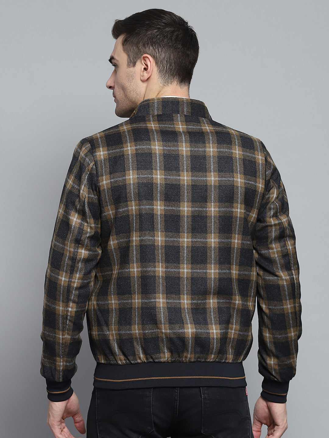 Men Black Check Mock Neck Full Sleeve Jacket