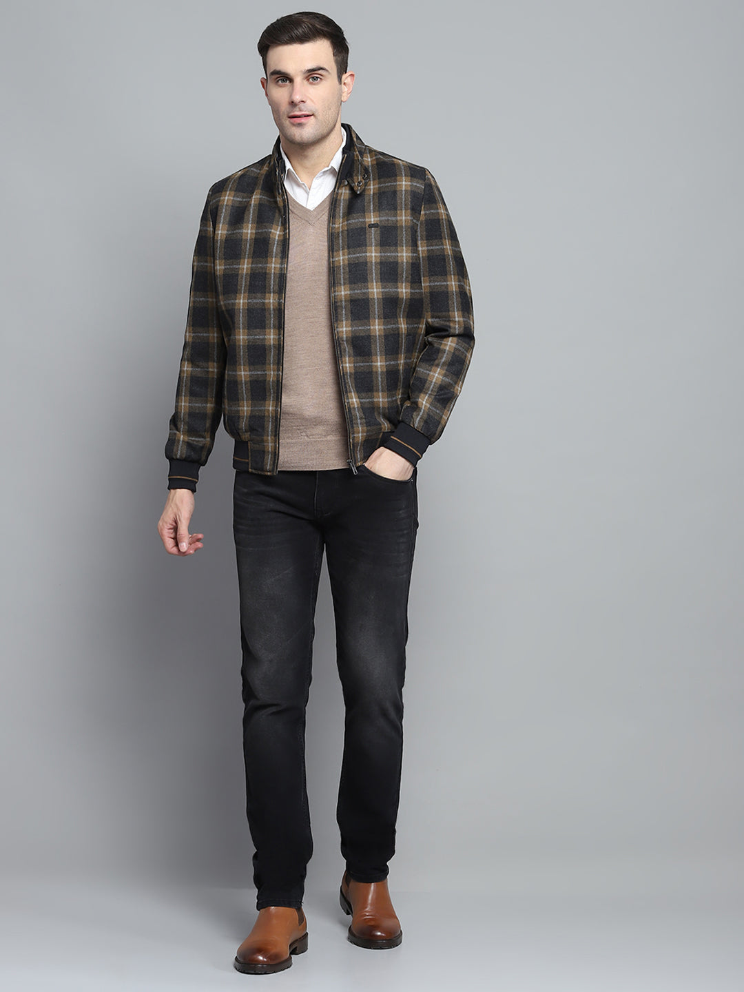 Men Black Check Mock Neck Full Sleeve Jacket