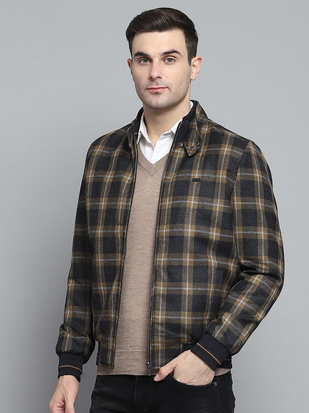 Men Black Check Mock Neck Full Sleeve Jacket