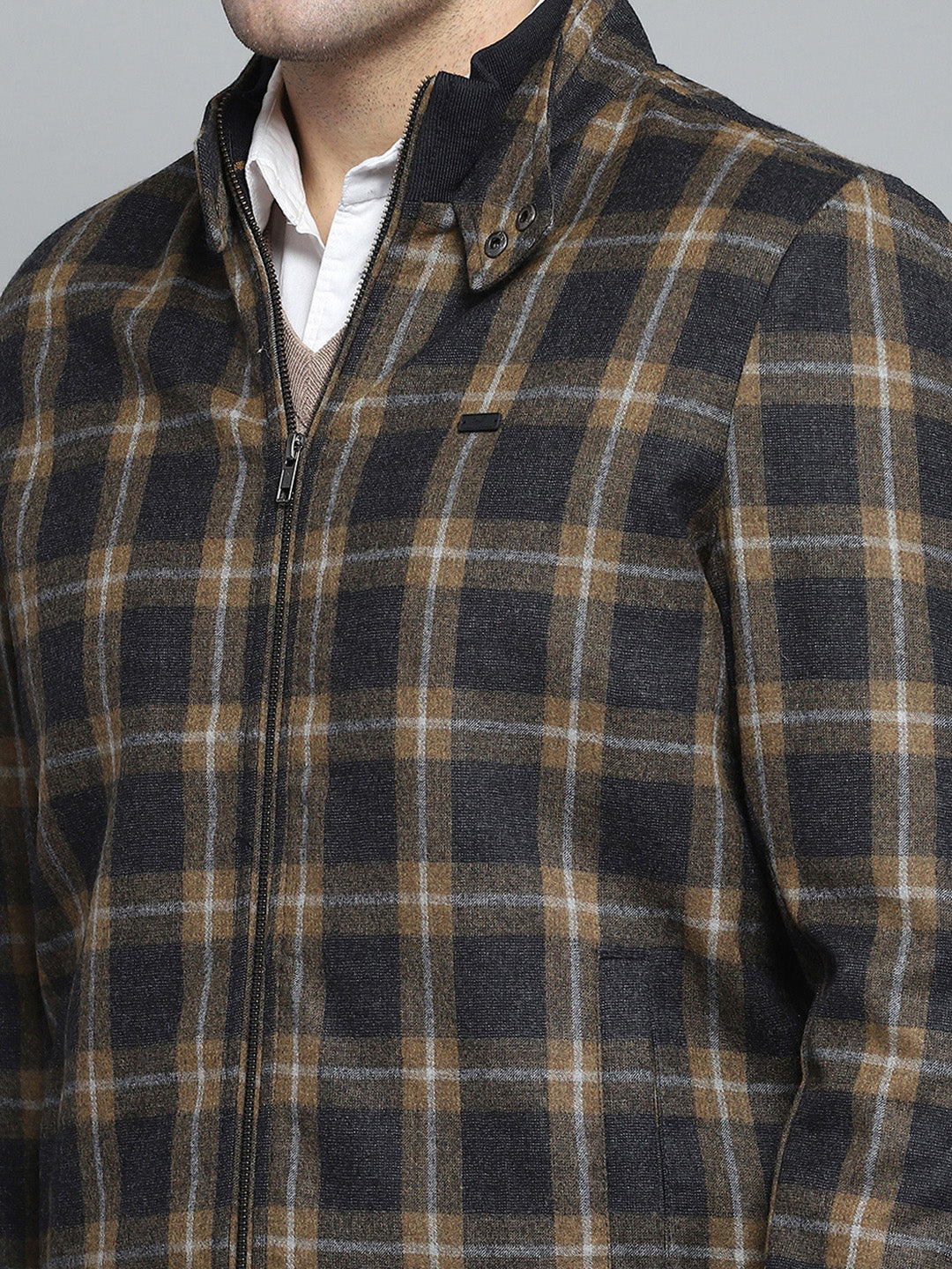 Men Black Check Mock Neck Full Sleeve Jacket