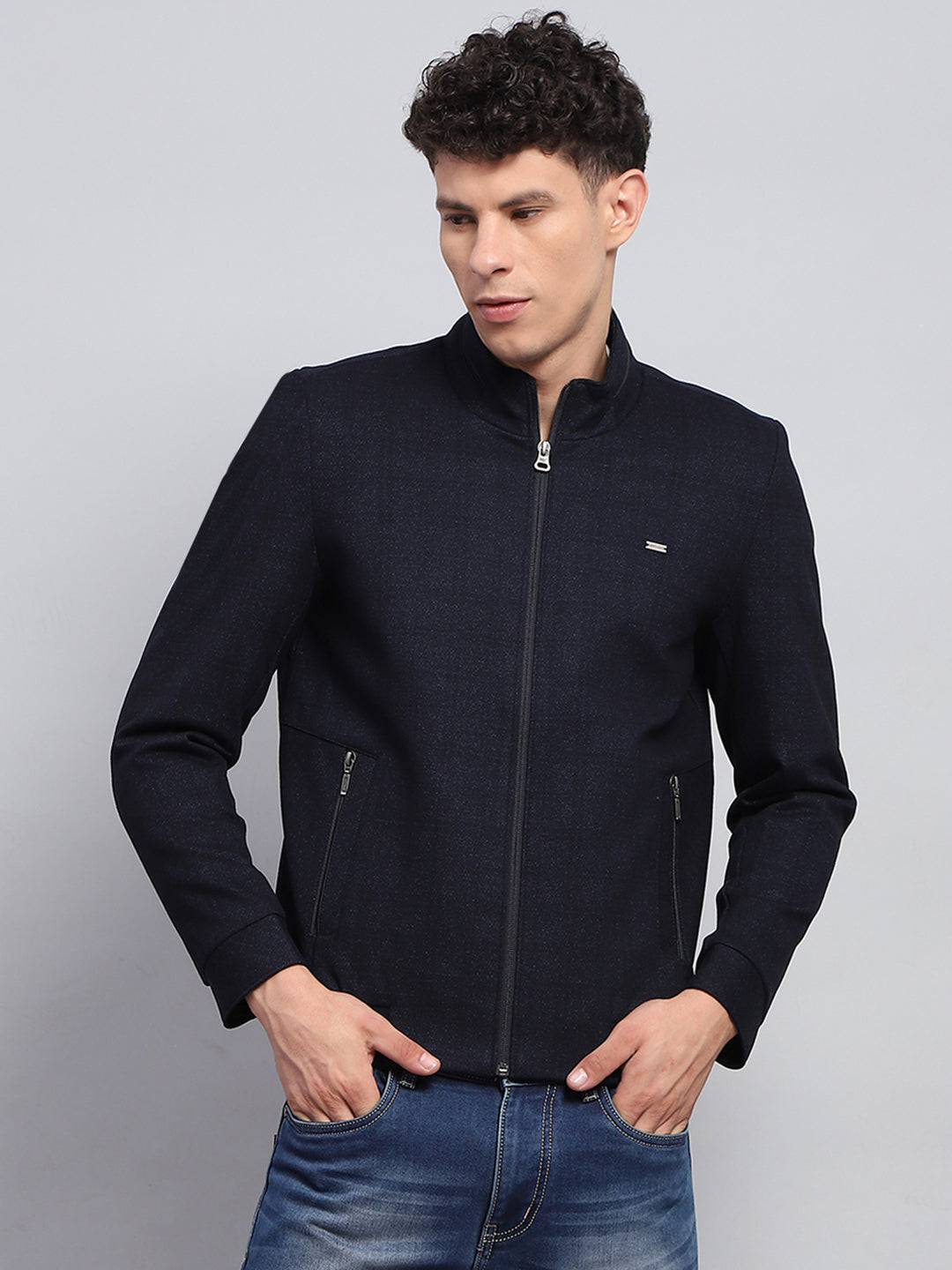 Men Navy Blue Solid Mock Neck Full Sleeve Jacket