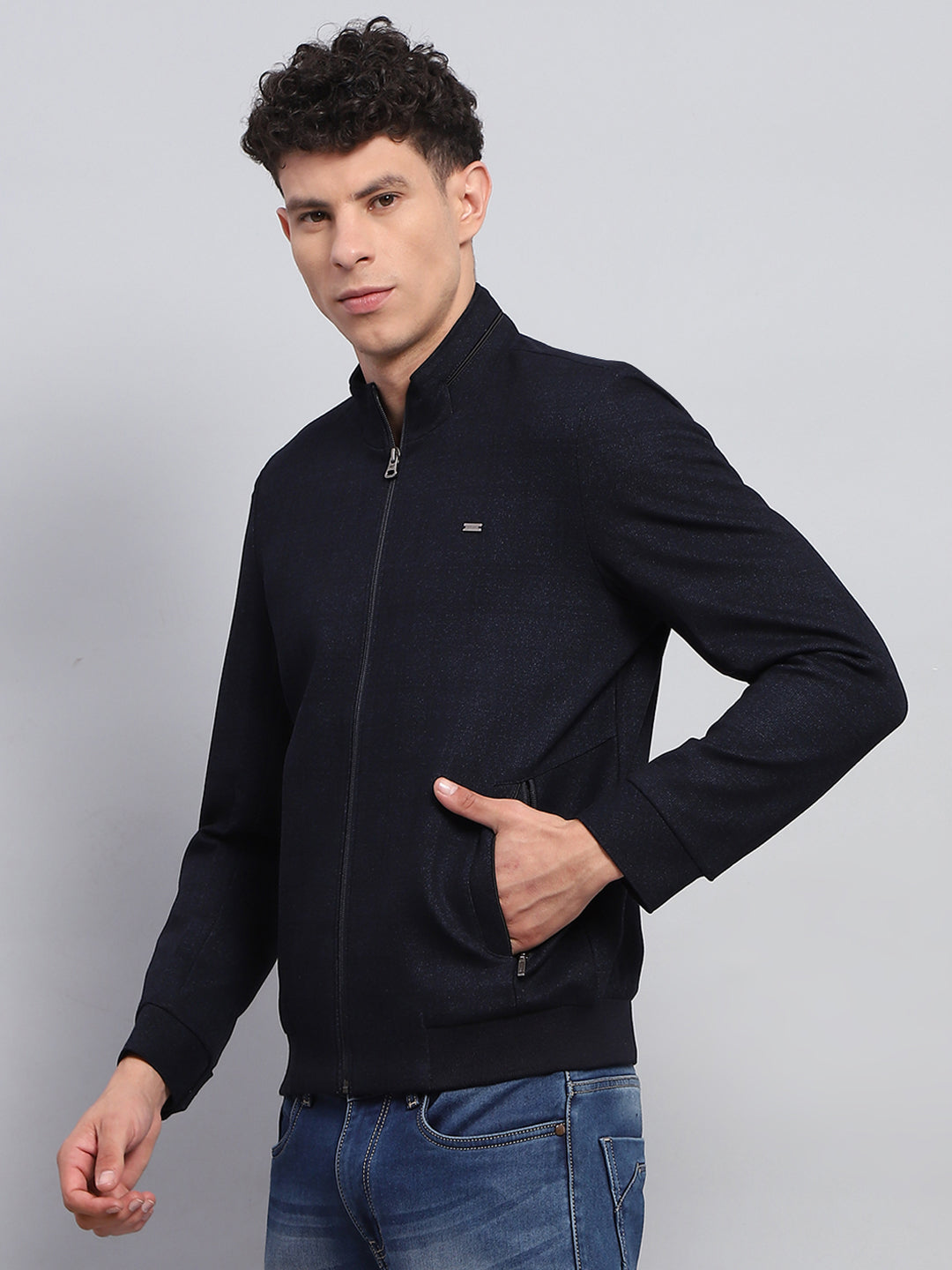 Men Navy Blue Solid Mock Neck Full Sleeve Jacket