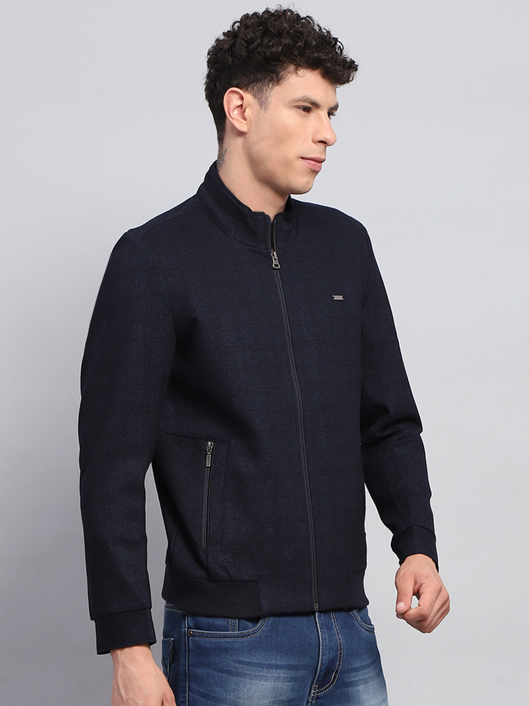 Men Navy Blue Solid Mock Neck Full Sleeve Jacket