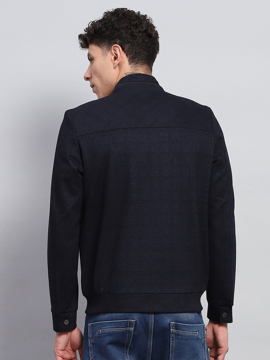 Men Navy Blue Solid Mock Neck Full Sleeve Jacket