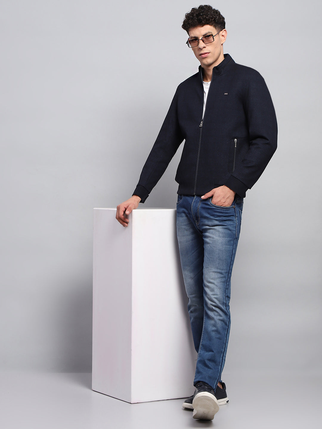 Men Navy Blue Solid Mock Neck Full Sleeve Jacket