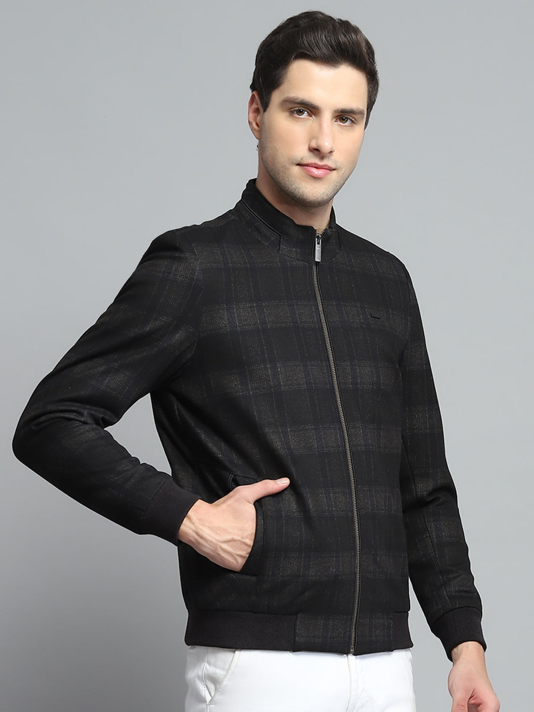 Men Black Solid Band Collar Full Sleeve Jacket