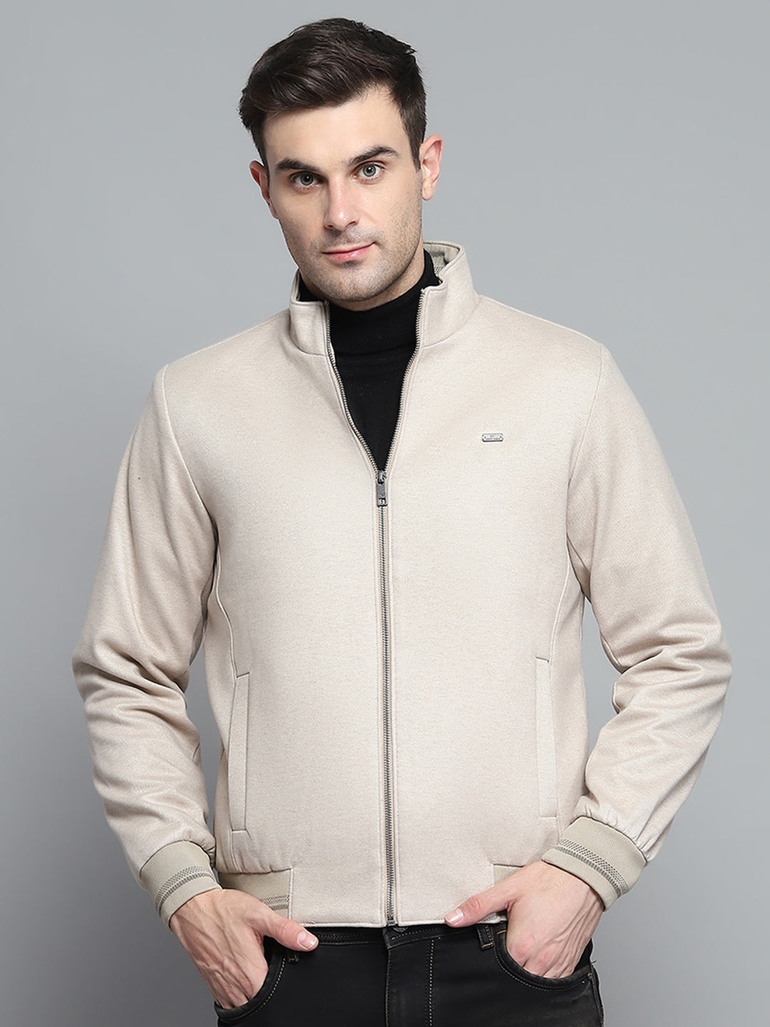 Men Beige Solid Mock Neck Full Sleeve Jacket