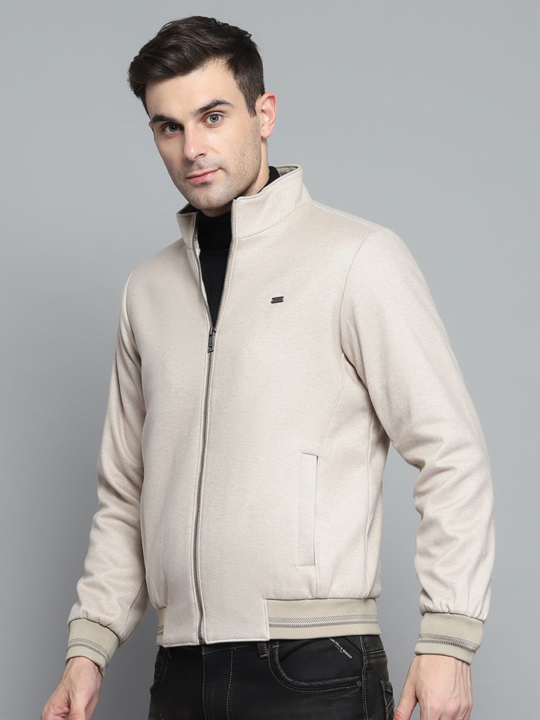 Men Beige Solid Mock Neck Full Sleeve Jacket