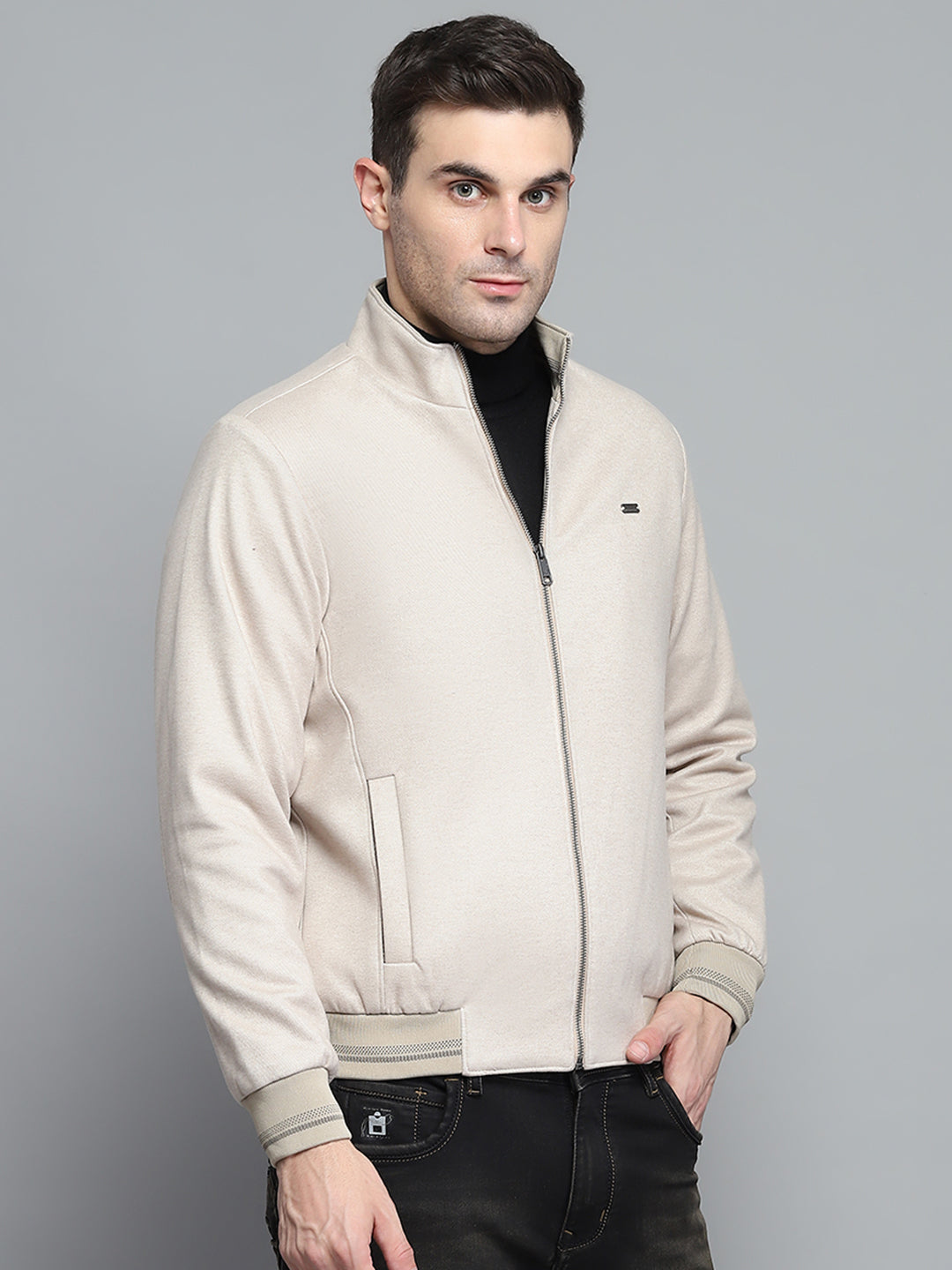 Men Beige Solid Mock Neck Full Sleeve Jacket