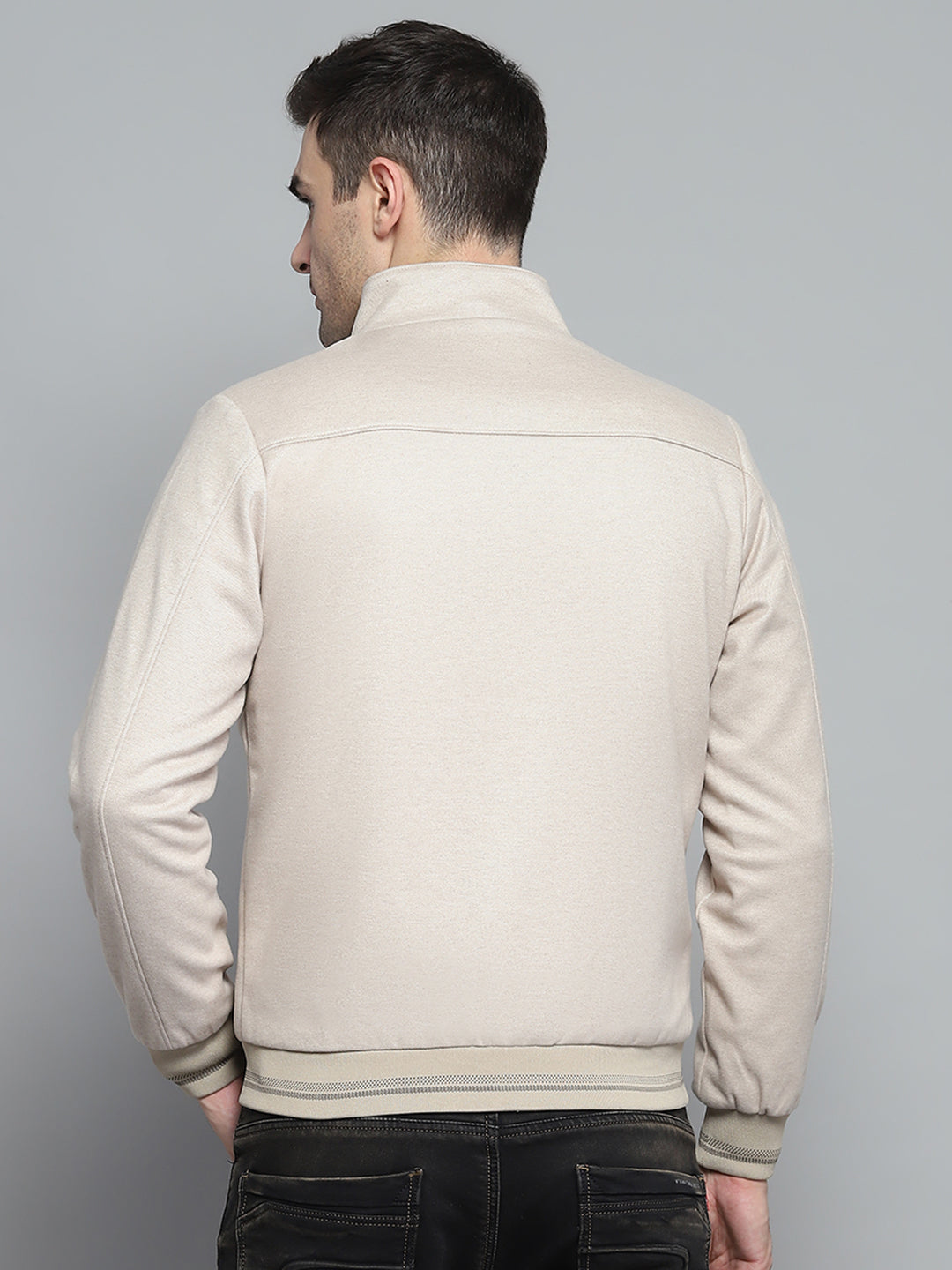 Men Beige Solid Mock Neck Full Sleeve Jacket