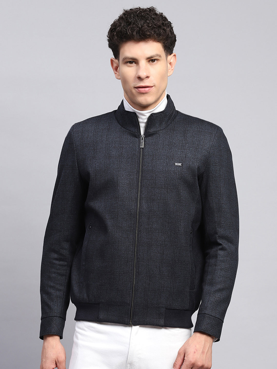 Men Navy Blue Self Design Mock Neck Full Sleeve Jacket