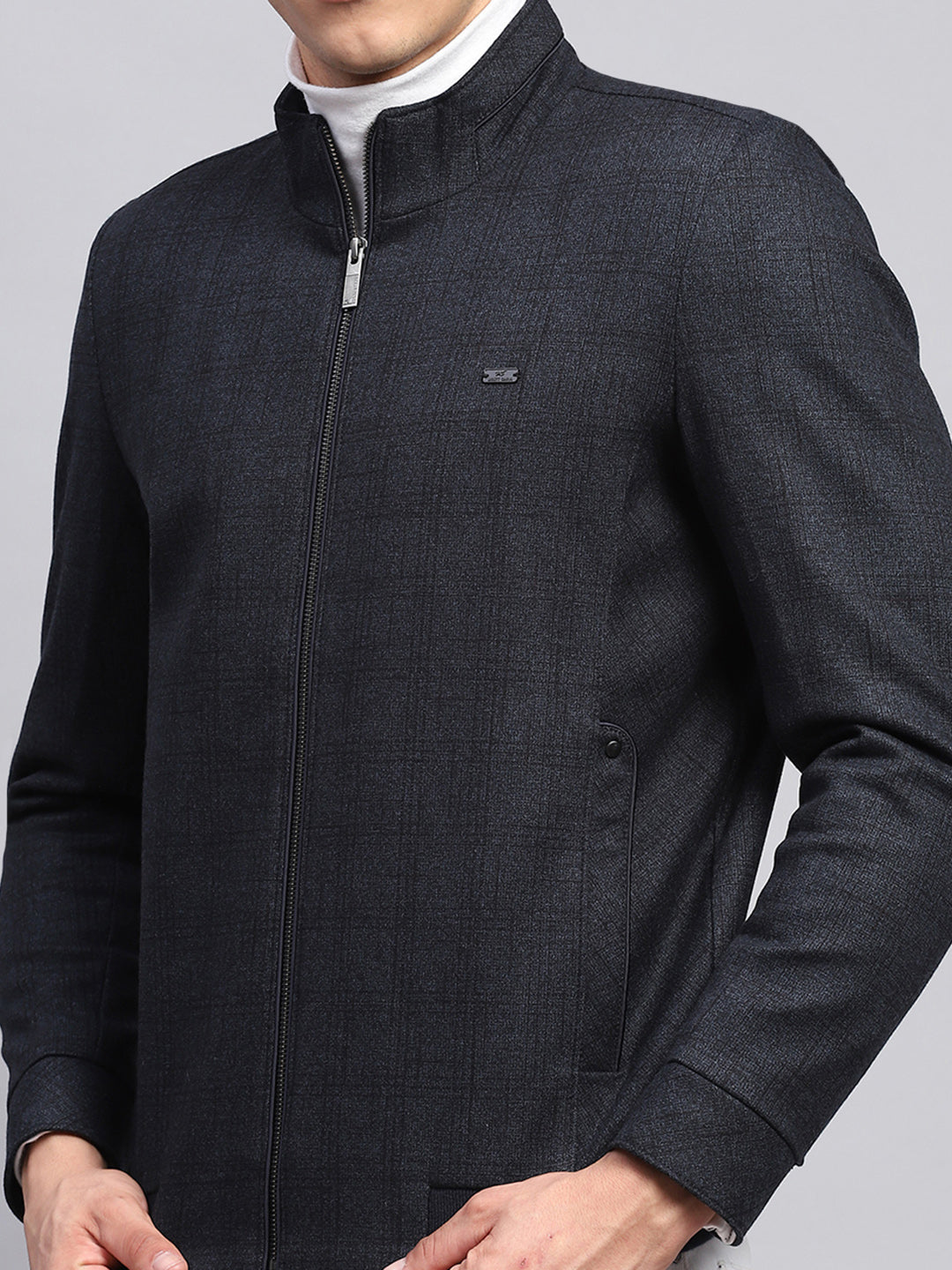 Men Navy Blue Self Design Mock Neck Full Sleeve Jacket