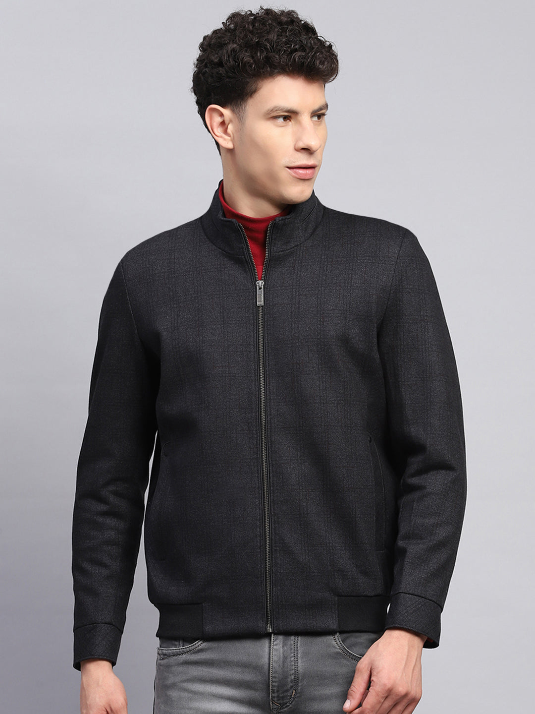 Men Black Self Design Mock Neck Full Sleeve Jacket