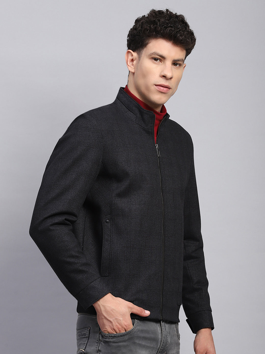 Men Black Self Design Mock Neck Full Sleeve Jacket