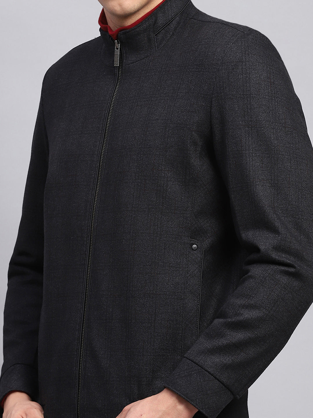 Men Black Self Design Mock Neck Full Sleeve Jacket