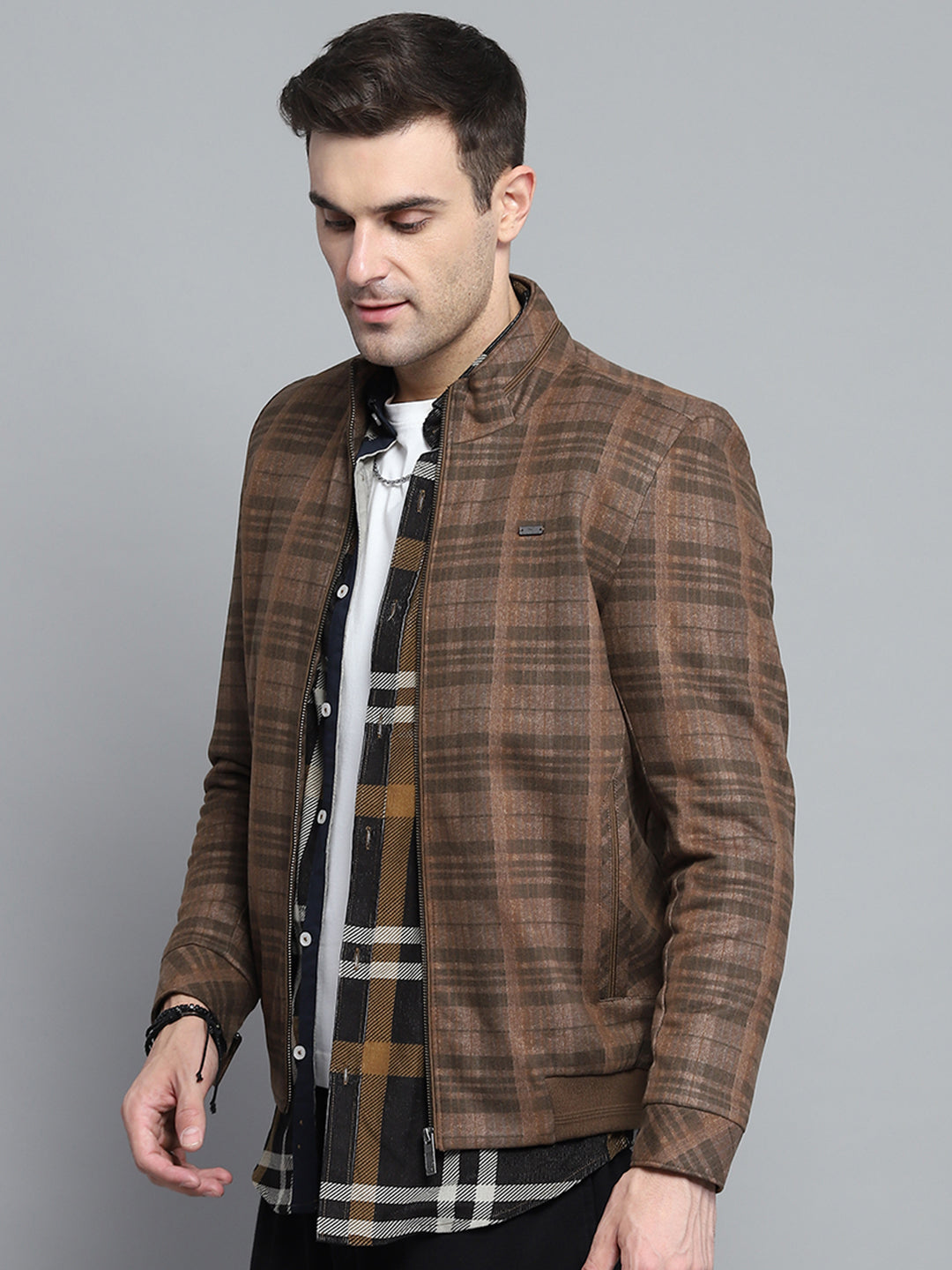 Men Brown Self Design Mock Neck Full Sleeve Jacket