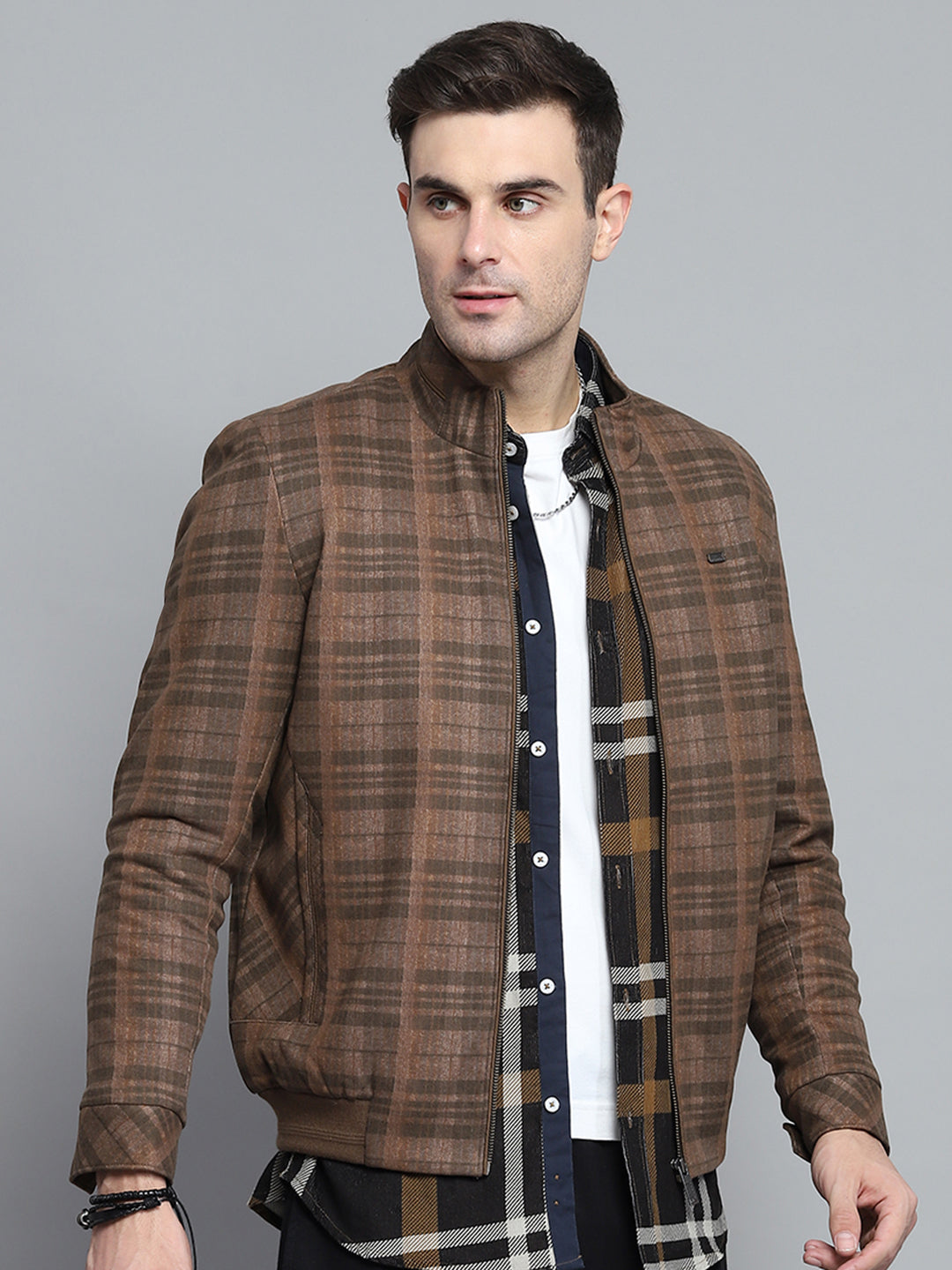 Men Brown Self Design Mock Neck Full Sleeve Jacket