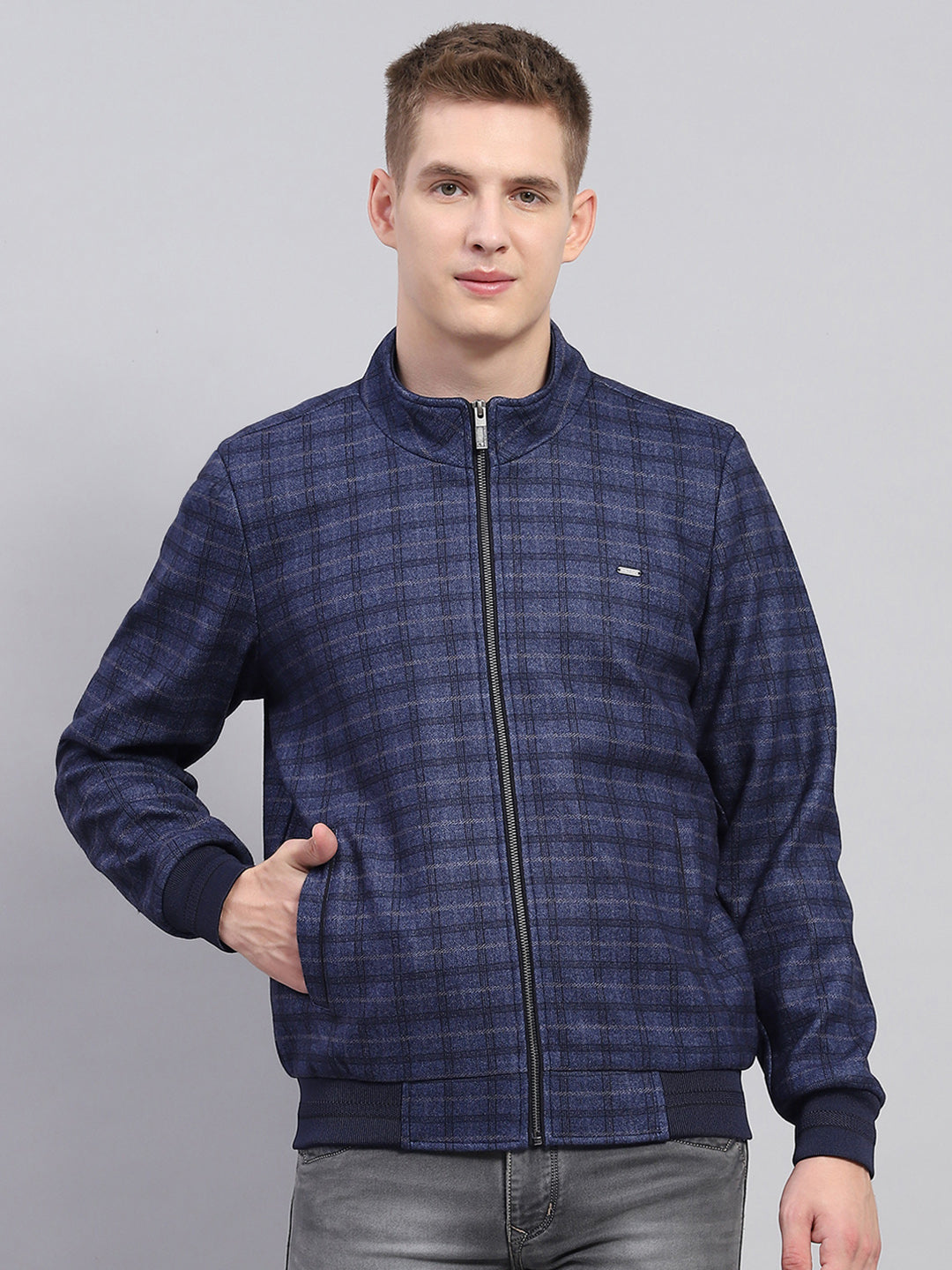 Men Navy Blue Check Mock Neck Full Sleeve Jacket