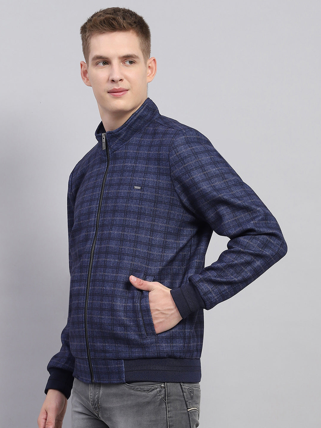 Men Navy Blue Check Mock Neck Full Sleeve Jacket