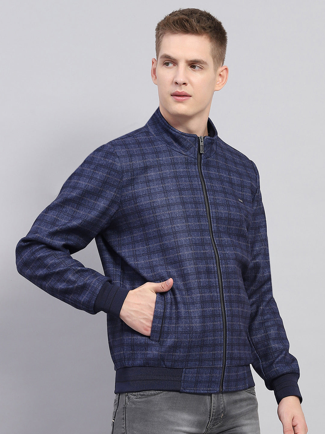 Men Navy Blue Check Mock Neck Full Sleeve Jacket