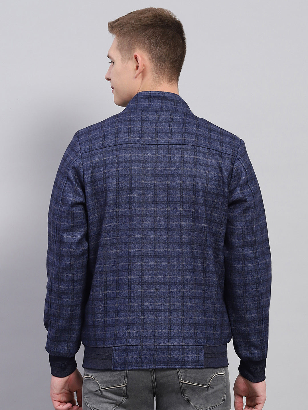 Men Navy Blue Check Mock Neck Full Sleeve Jacket