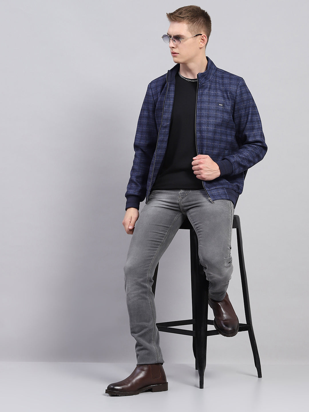 Men Navy Blue Check Mock Neck Full Sleeve Jacket